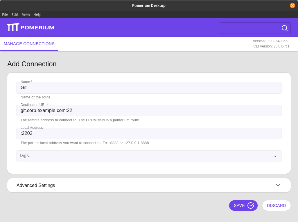 An example connection to a Git service from Pomerium Desktop