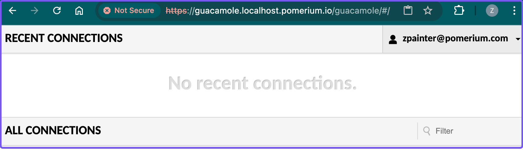 The Guacamole dashboard after signing in with HTTP authentication